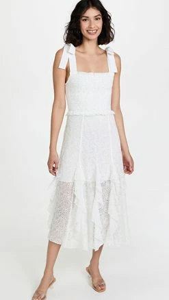 Flash Sale 👍 Alice + Olivia Jocelyn Smocked Midi 👗 Dress With Bow Straps Off White 👍