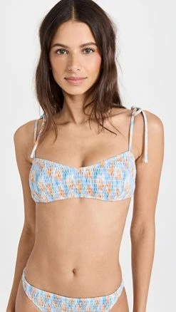Coupon 💯 Tanya Taylor Valencia Smocked 👙 Bikini Top Painterly Ikat Oxford Blue Mti 🥰
